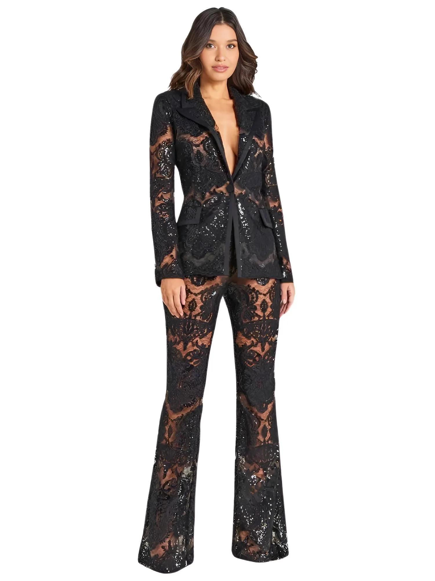 2025 Designer Runway Suit Set Women's Single Button Lace Sequined Blazer Pants Suit