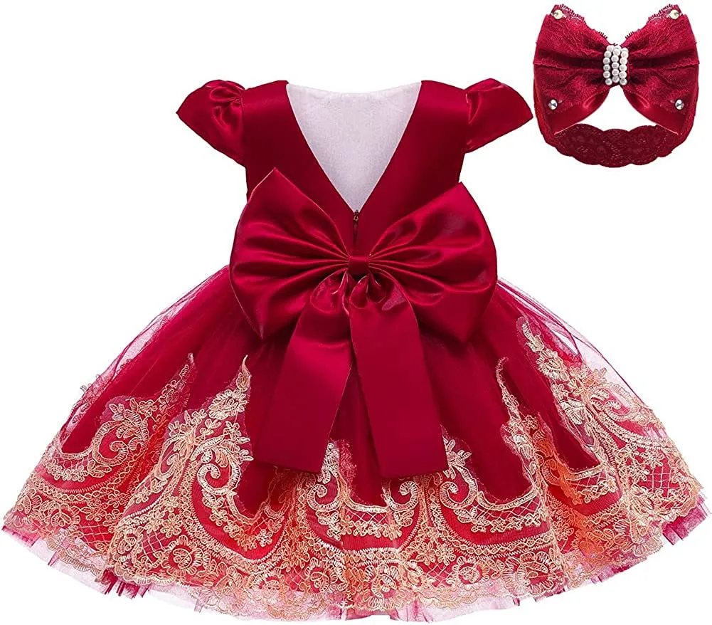 3M-3T Toddler Baby Girls Dress Pageant Wedding Flower Girls Dress Formal Gowns Embroidered Lace Dress   Headwear
