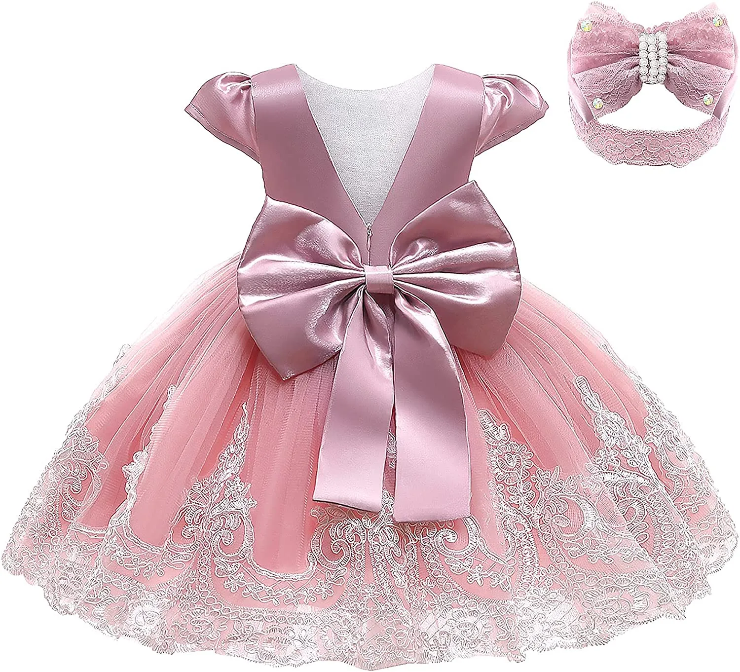 3M-3T Toddler Baby Girls Dress Pageant Wedding Flower Girls Dress Formal Gowns Embroidered Lace Dress   Headwear