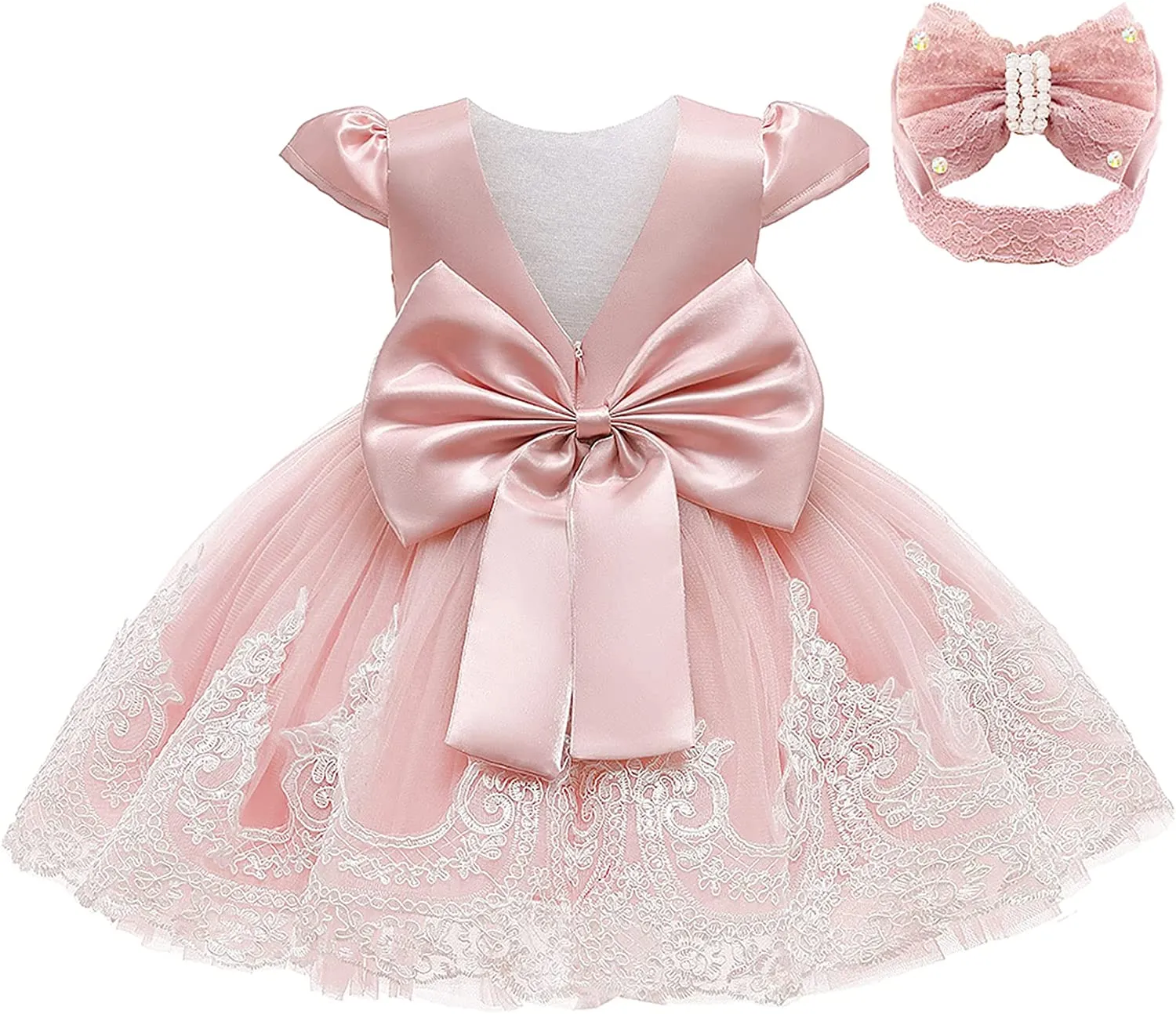 3M-3T Toddler Baby Girls Dress Pageant Wedding Flower Girls Dress Formal Gowns Embroidered Lace Dress   Headwear