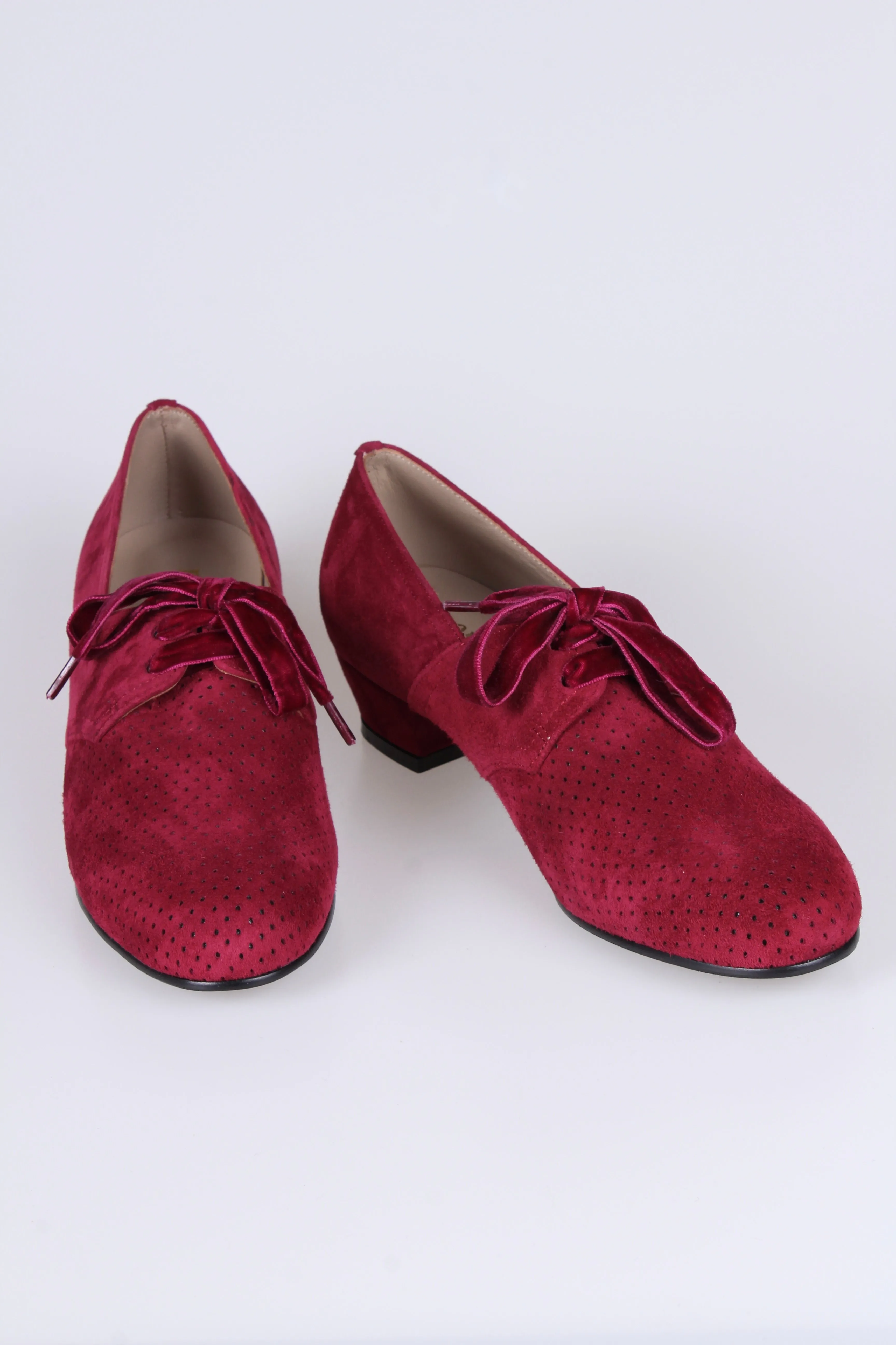 40s vintage style Derby shoes in suede - Low heel - Burgundy red -Esther