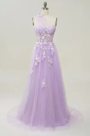 A Line One Shoulder Long Prom Dress with Appliques Y4062