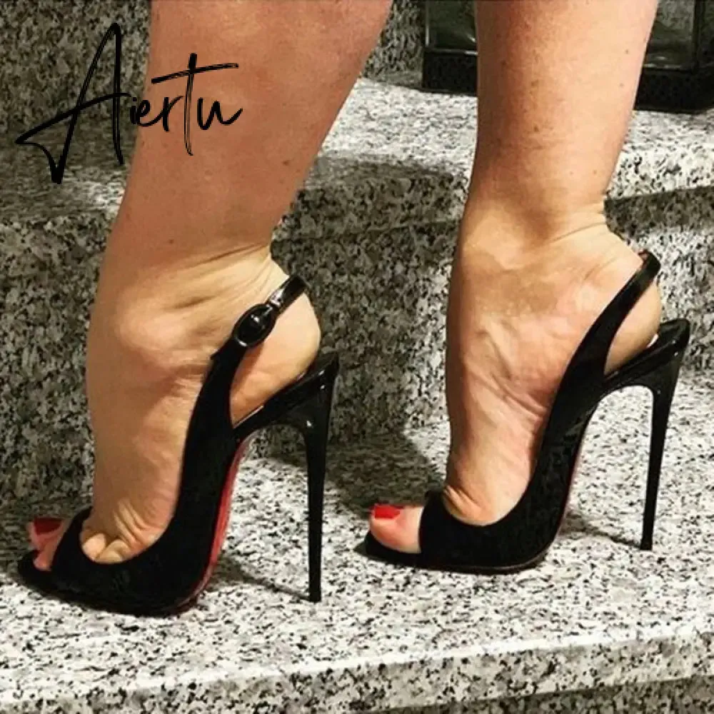Aiertu  Black Patent Leather Back Strap Open Toe Thin High Heel Pumps Slingback Fashion Women High Heel Runway Dress Women Shoes