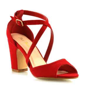 ALICE STRAPPY PEEP TOE MID BLOCK HIGH HEEL SANDAL SHOES IN RED FAUX SUEDE