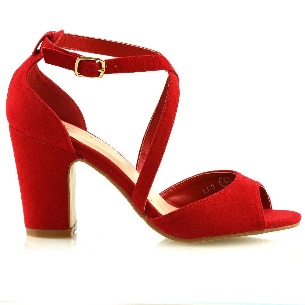 ALICE STRAPPY PEEP TOE MID BLOCK HIGH HEEL SANDAL SHOES IN RED FAUX SUEDE