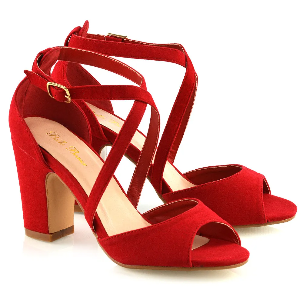 ALICE STRAPPY PEEP TOE MID BLOCK HIGH HEEL SANDAL SHOES IN RED FAUX SUEDE