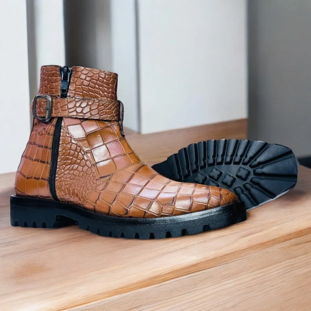 Alligator Zipper Brown Jodhpur Boots – Stylish Elegance for Men.
