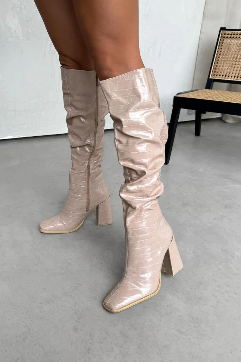 ALORA Ruched Calf High Boots - Beige Croc