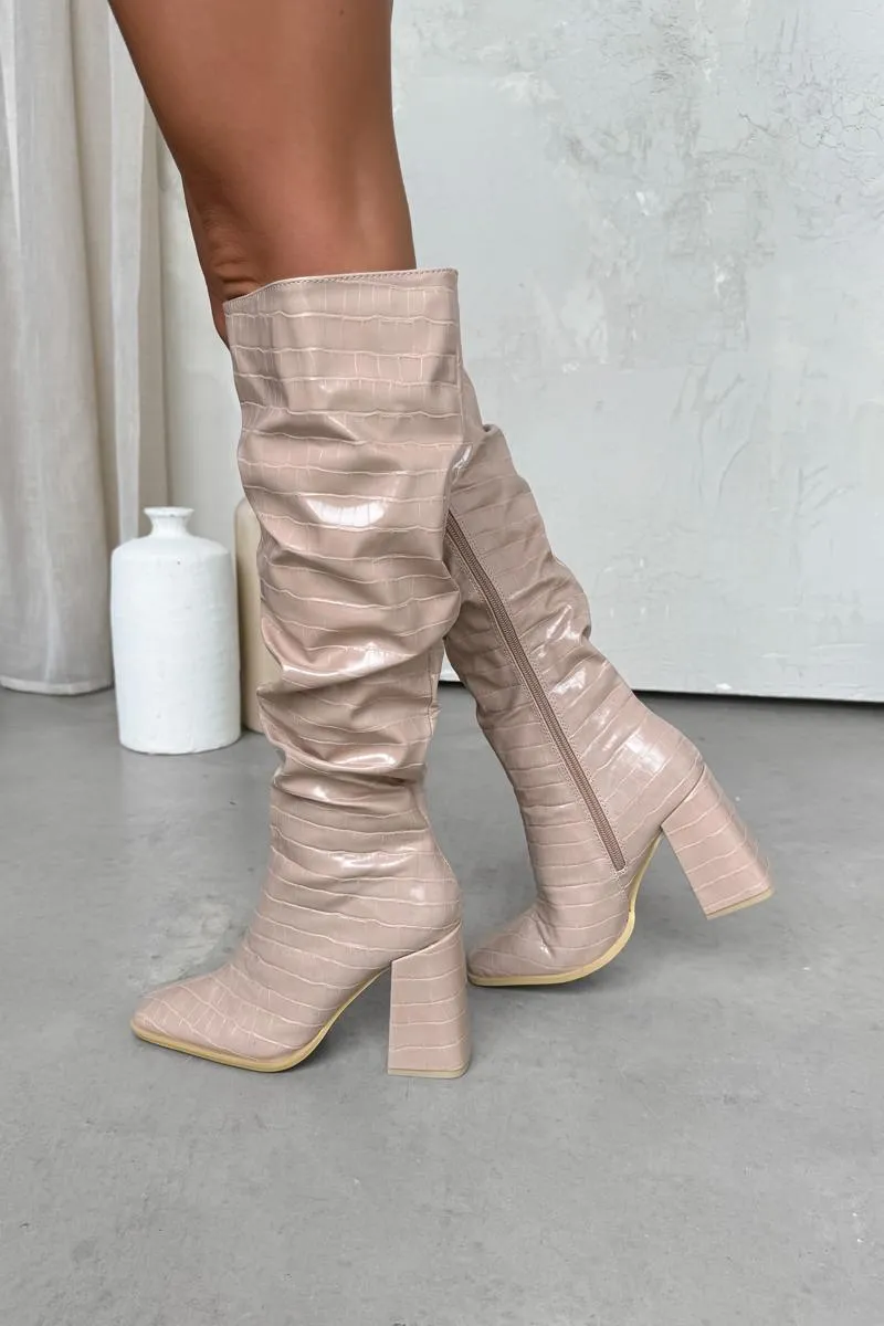 ALORA Ruched Calf High Boots - Beige Croc