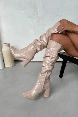 ALORA Ruched Calf High Boots - Beige Croc