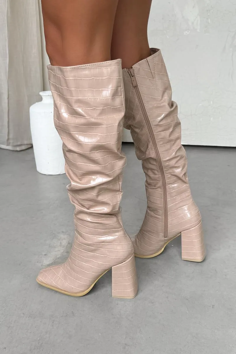 ALORA Ruched Calf High Boots - Beige Croc