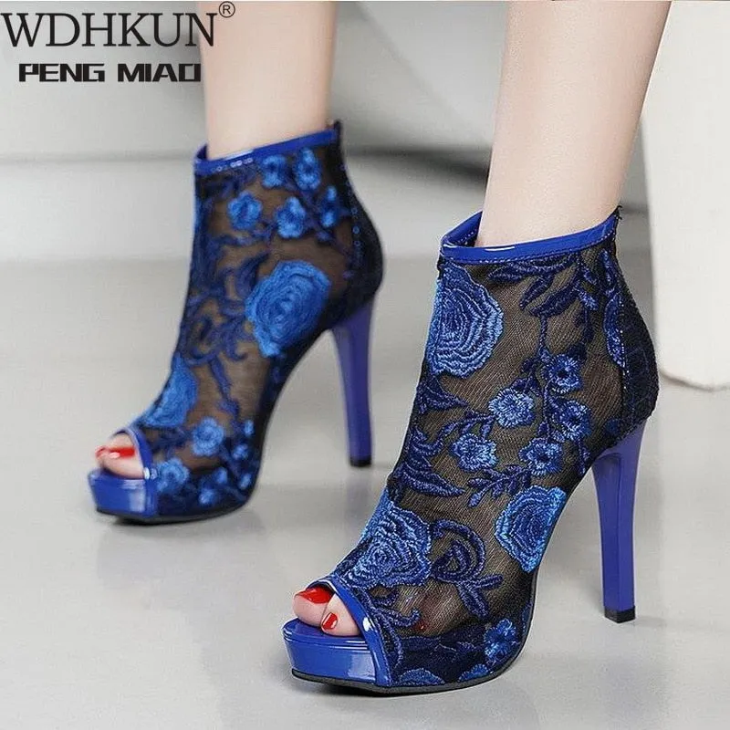 Amozae-Fashion Mesh Sandals Boots Woman High Heels Lace Boots Women Summer Shoes Embroidery Flower Peep Toe Black Female