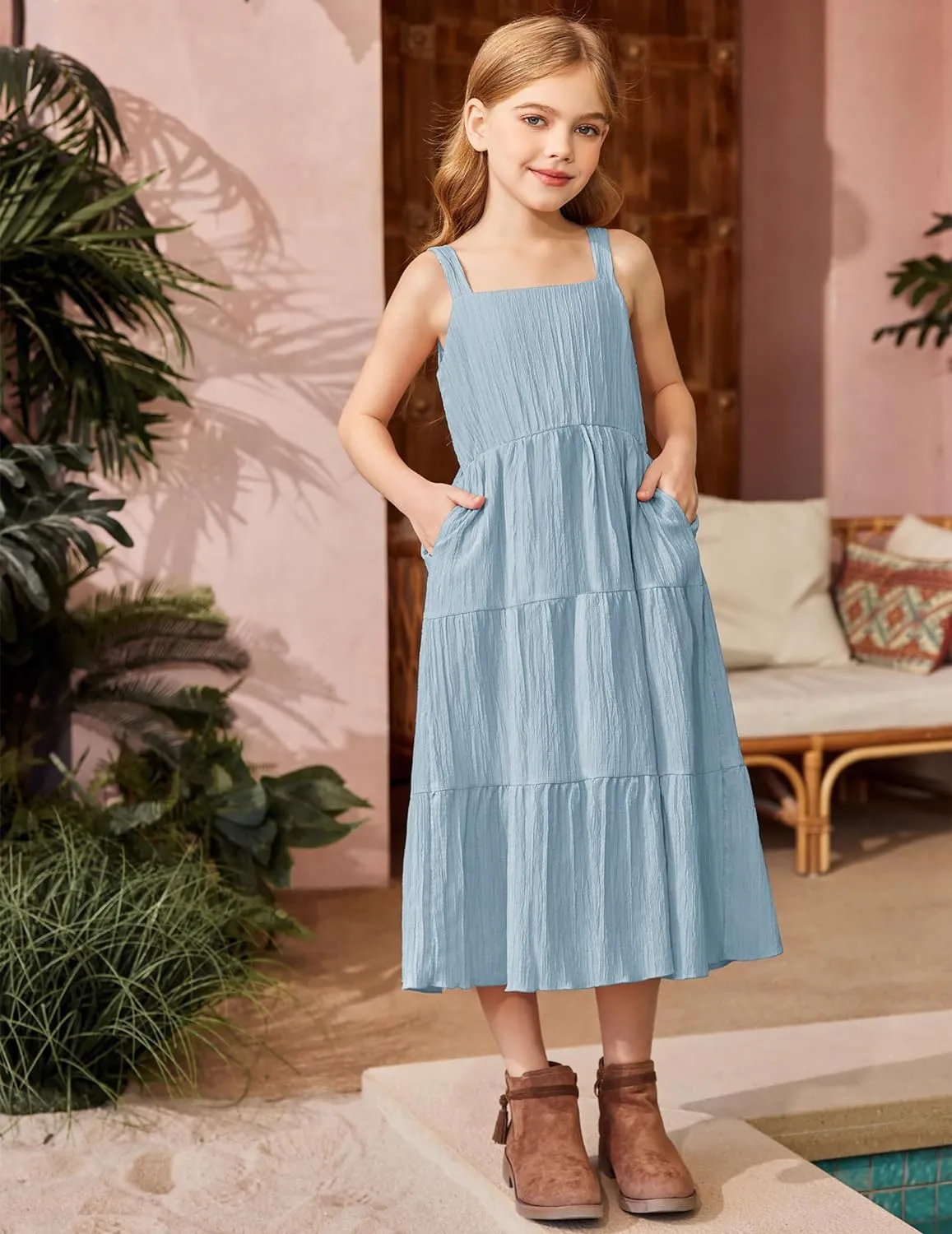 Arshiner Girl's Sundresses Boho Strap Tiered Cami Maxi Dresses