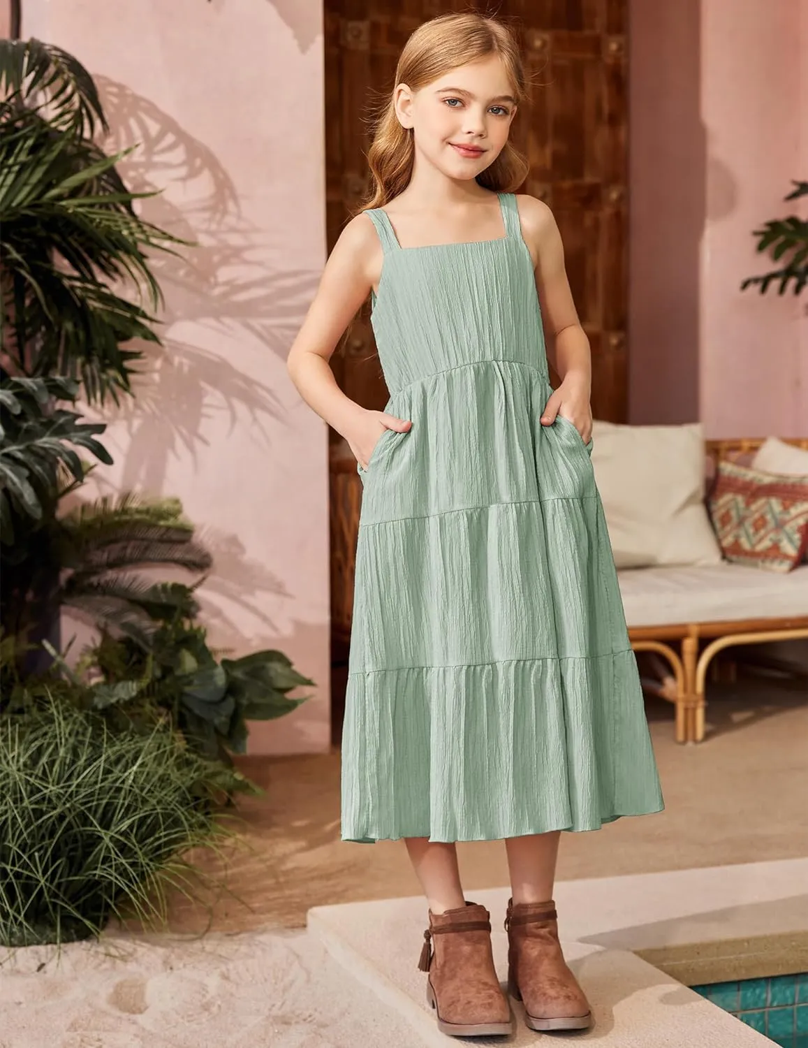 Arshiner Girl's Sundresses Boho Strap Tiered Cami Maxi Dresses