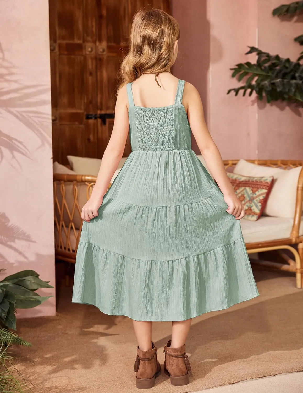 Arshiner Girl's Sundresses Boho Strap Tiered Cami Maxi Dresses