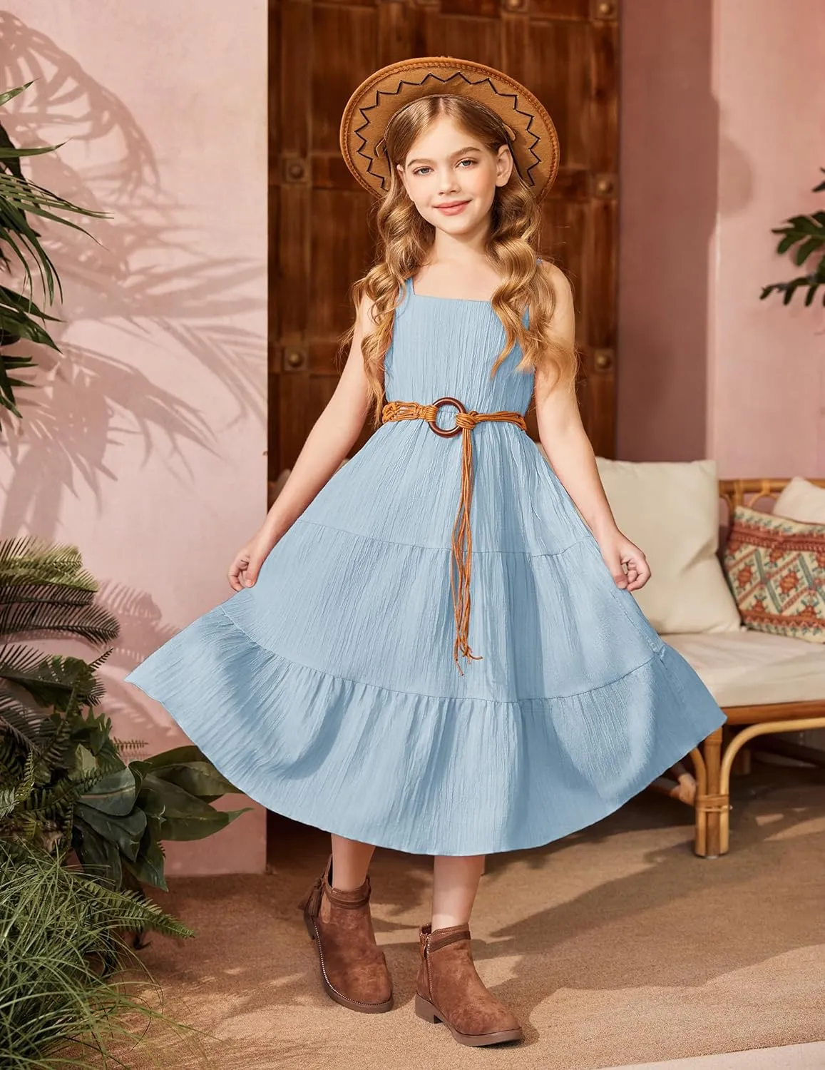 Arshiner Girl's Sundresses Boho Strap Tiered Cami Maxi Dresses