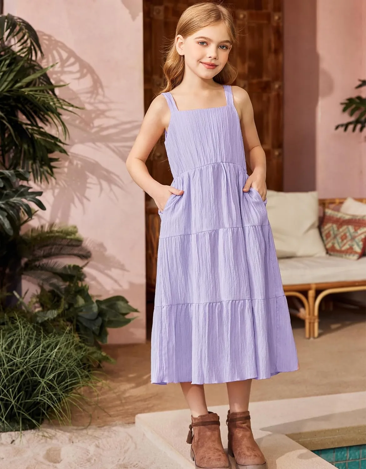 Arshiner Girl's Sundresses Boho Strap Tiered Cami Maxi Dresses