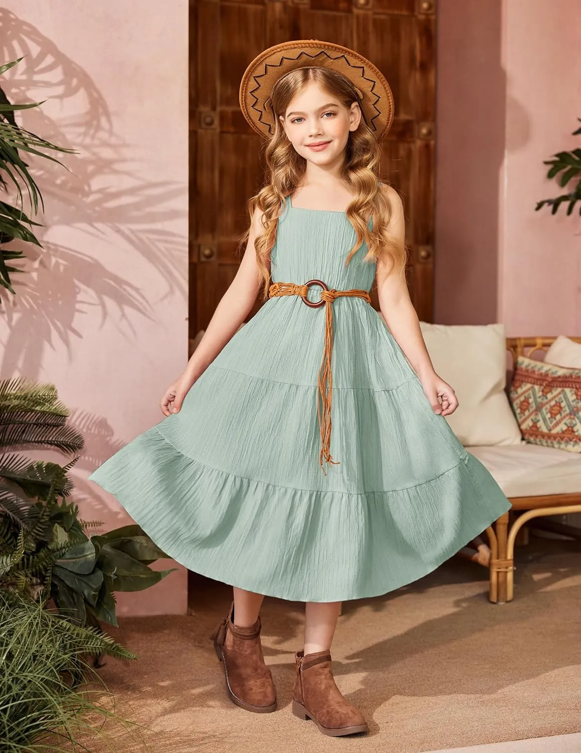 Arshiner Girl's Sundresses Boho Strap Tiered Cami Maxi Dresses