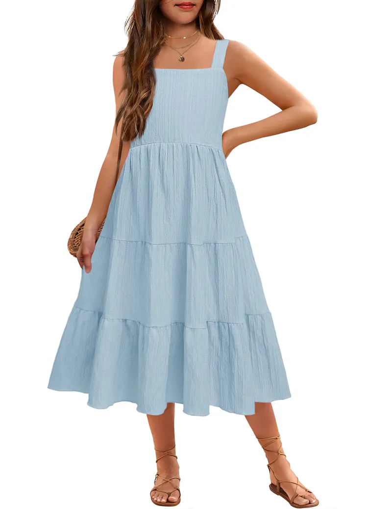 Arshiner Girl's Sundresses Boho Strap Tiered Cami Maxi Dresses
