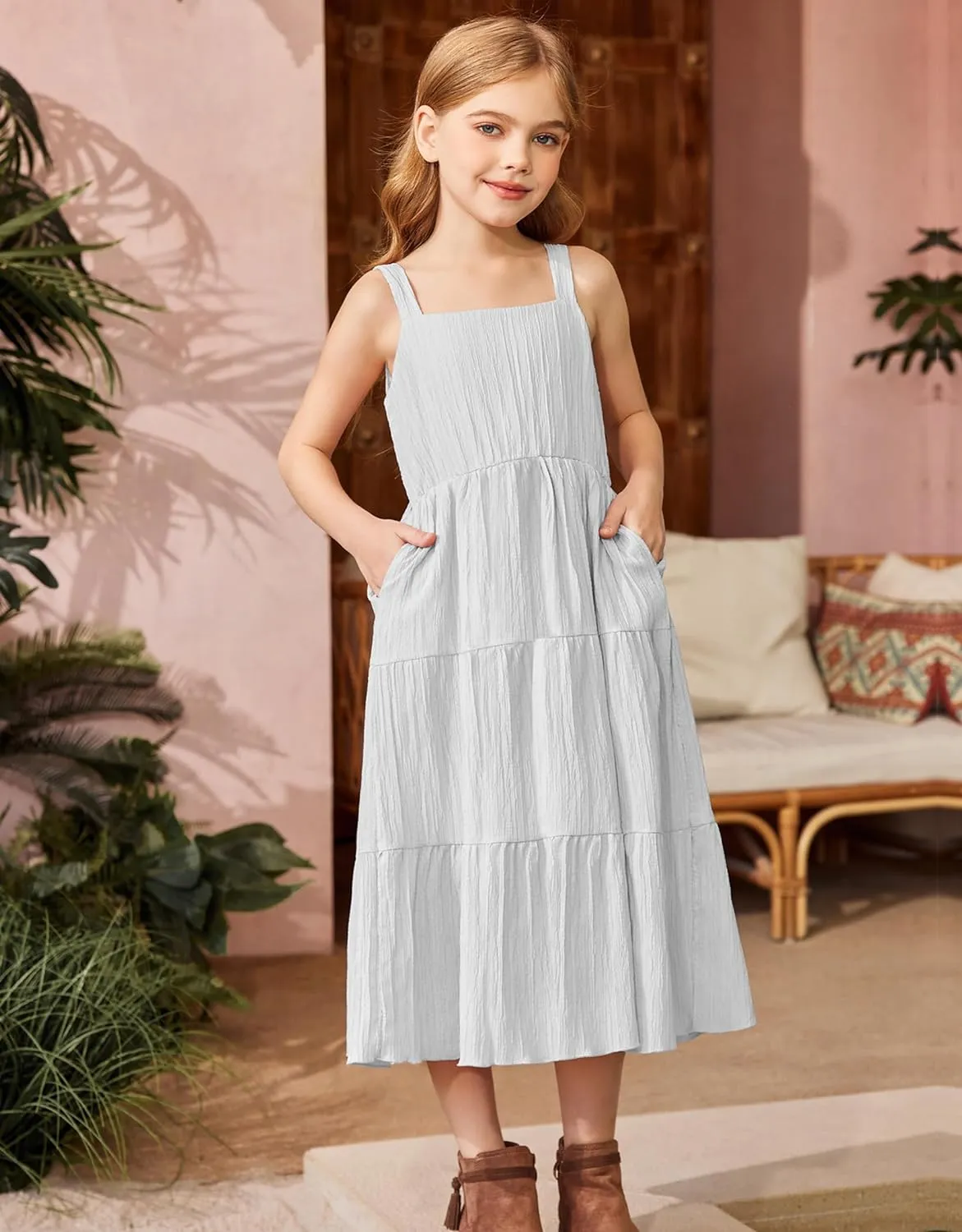 Arshiner Girl's Sundresses Boho Strap Tiered Cami Maxi Dresses