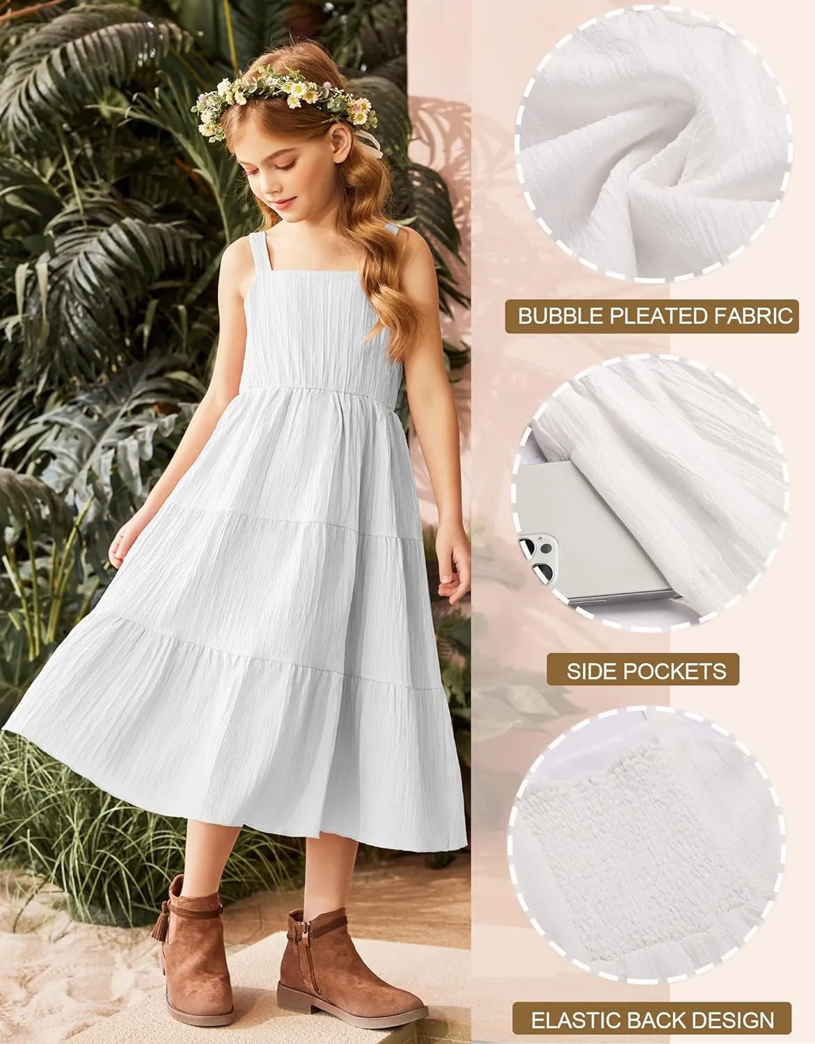 Arshiner Girl's Sundresses Boho Strap Tiered Cami Maxi Dresses