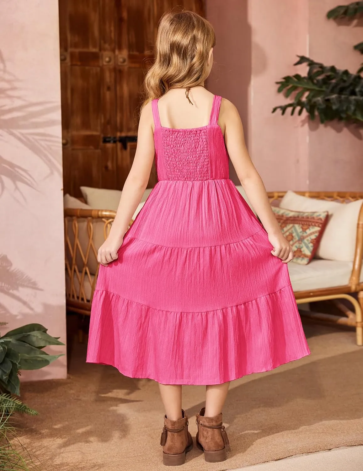 Arshiner Girl's Sundresses Boho Strap Tiered Cami Maxi Dresses