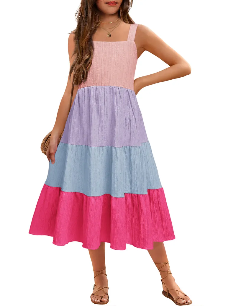 Arshiner Girl's Sundresses Boho Strap Tiered Cami Maxi Dresses