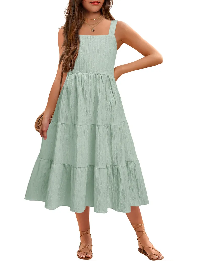 Arshiner Girl's Sundresses Boho Strap Tiered Cami Maxi Dresses