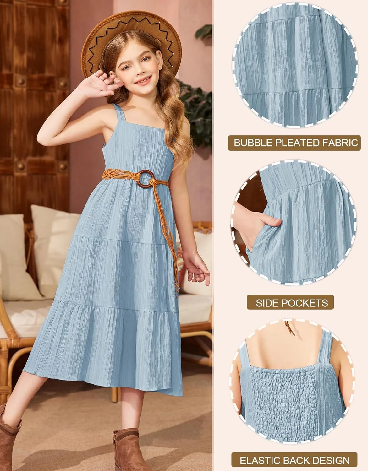 Arshiner Girl's Sundresses Boho Strap Tiered Cami Maxi Dresses