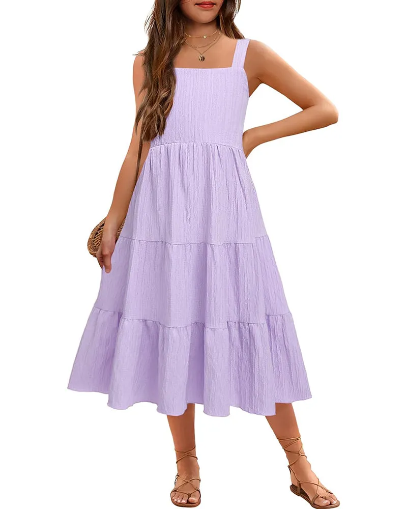 Arshiner Girl's Sundresses Boho Strap Tiered Cami Maxi Dresses
