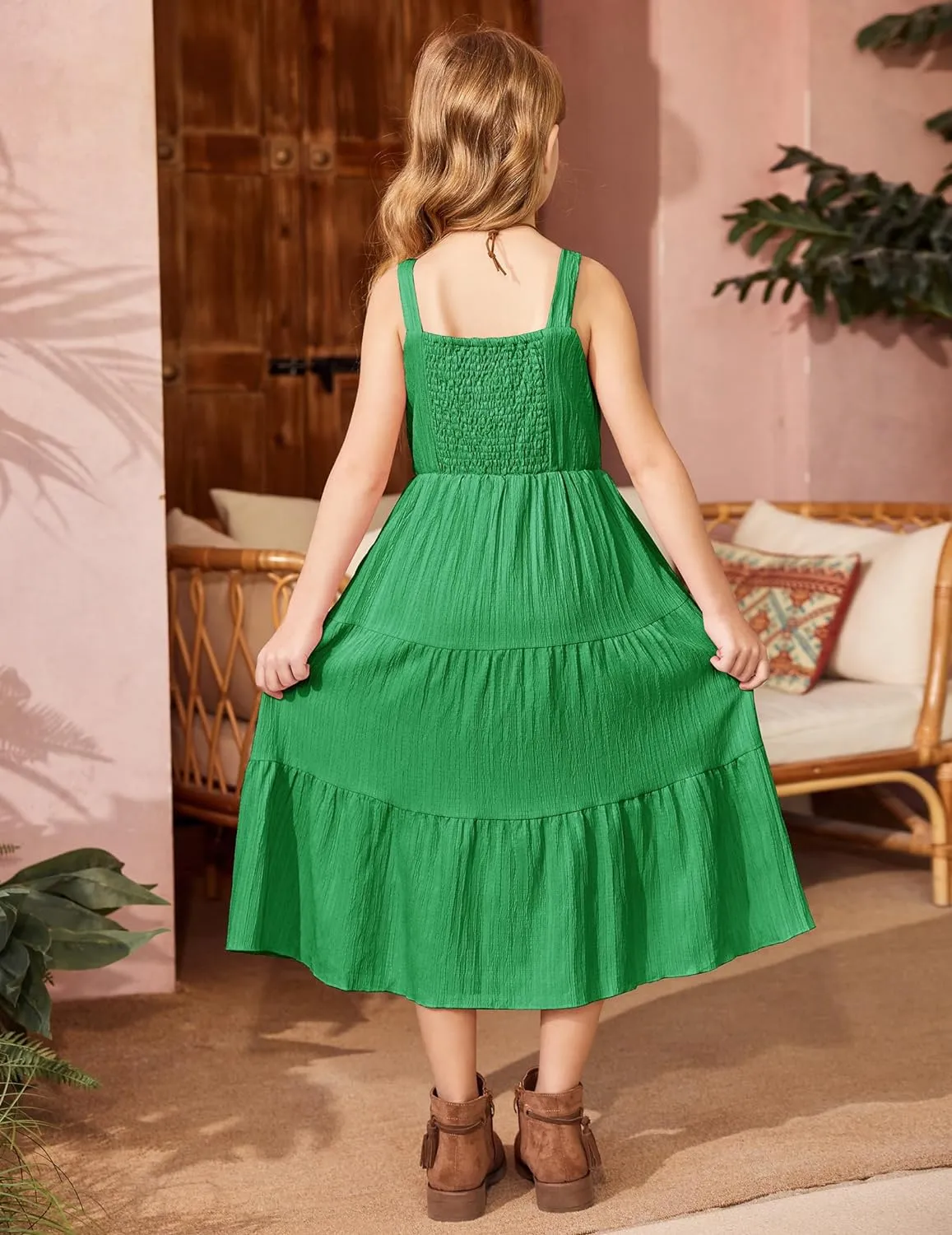Arshiner Girl's Sundresses Boho Strap Tiered Cami Maxi Dresses