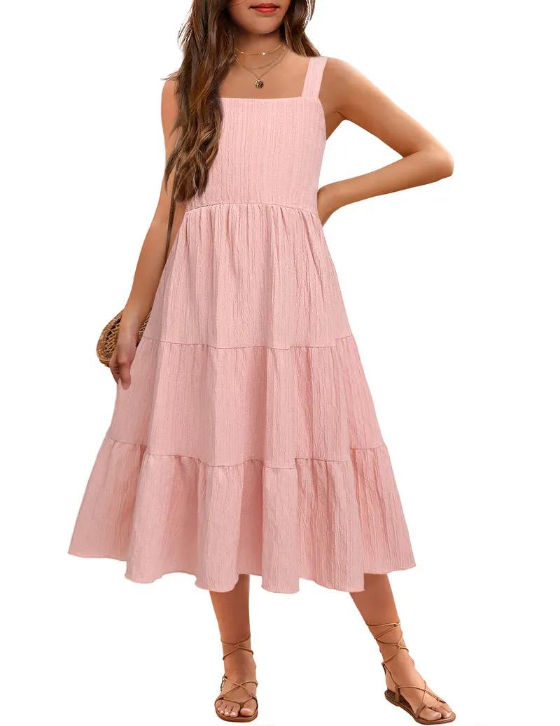 Arshiner Girl's Sundresses Boho Strap Tiered Cami Maxi Dresses