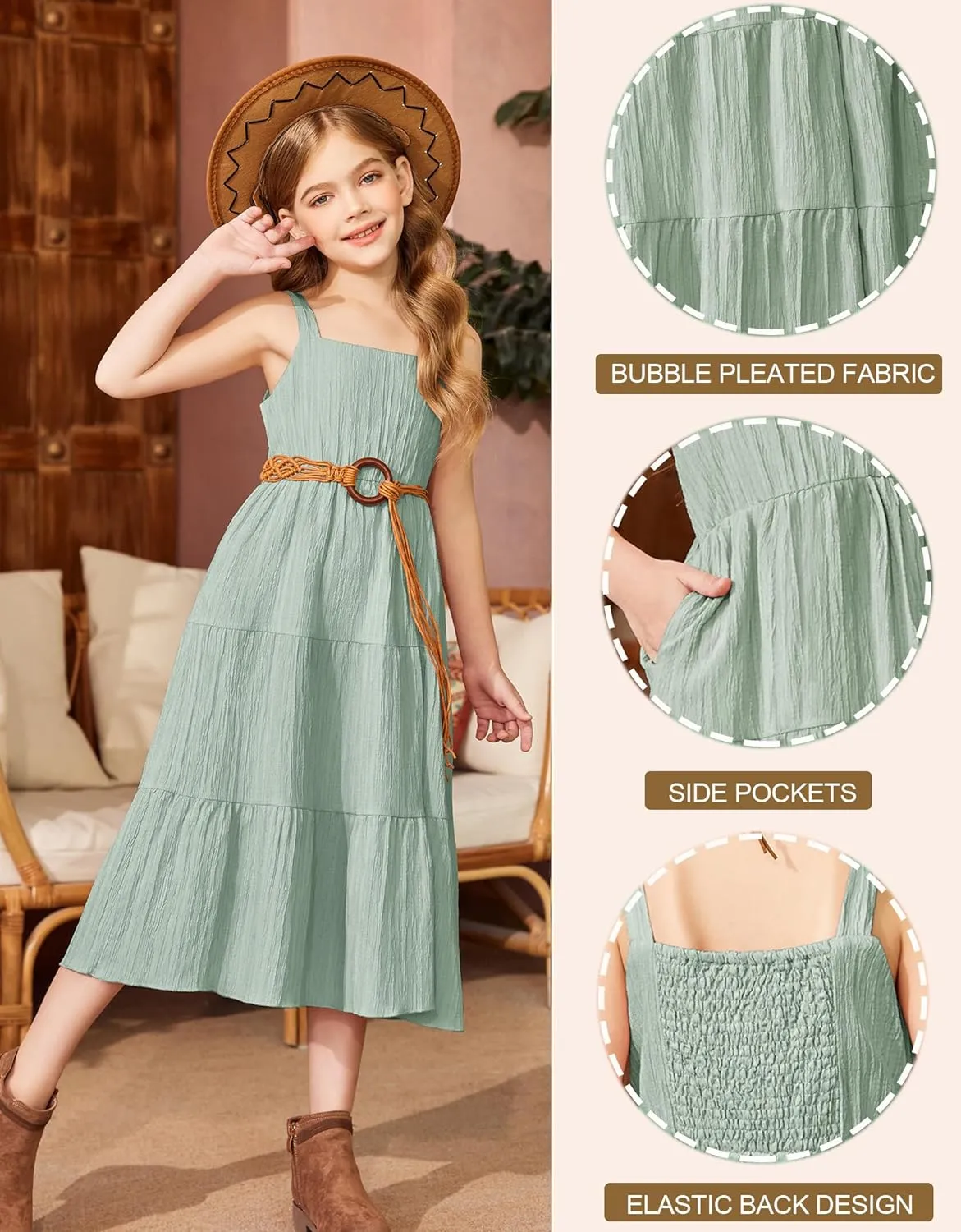 Arshiner Girl's Sundresses Boho Strap Tiered Cami Maxi Dresses