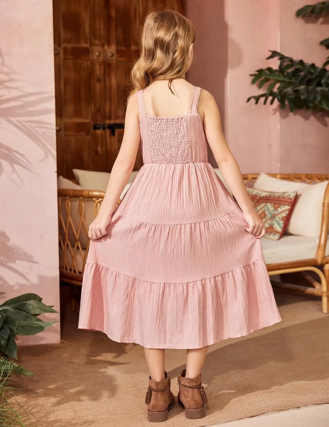 Arshiner Girl's Sundresses Boho Strap Tiered Cami Maxi Dresses