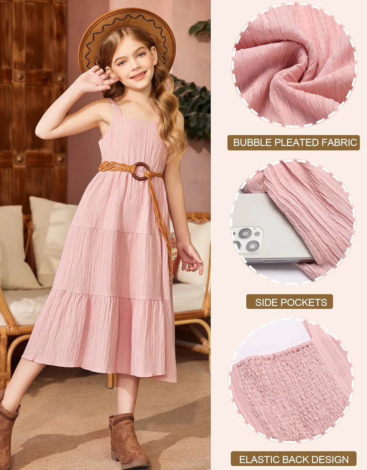 Arshiner Girl's Sundresses Boho Strap Tiered Cami Maxi Dresses