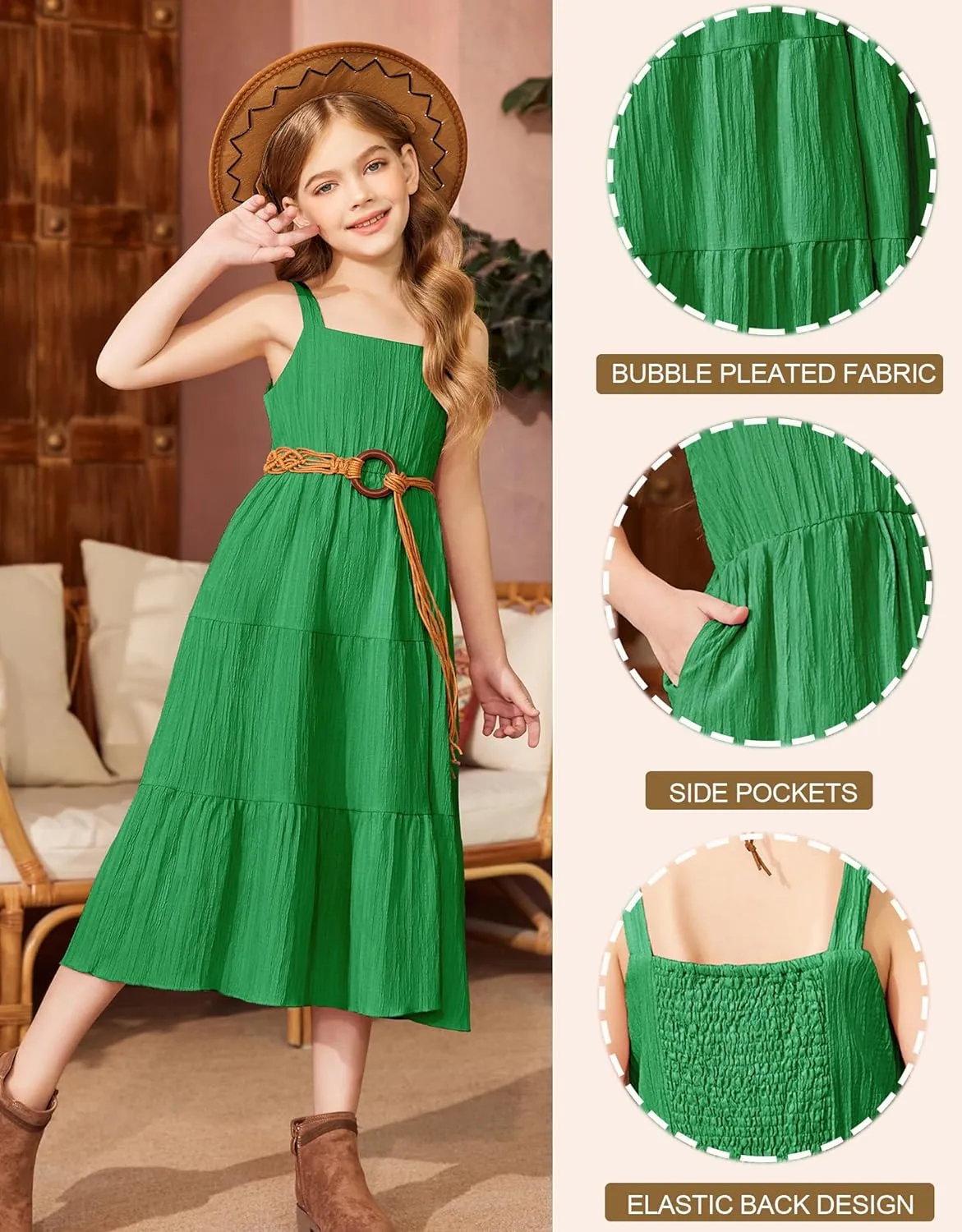 Arshiner Girl's Sundresses Boho Strap Tiered Cami Maxi Dresses