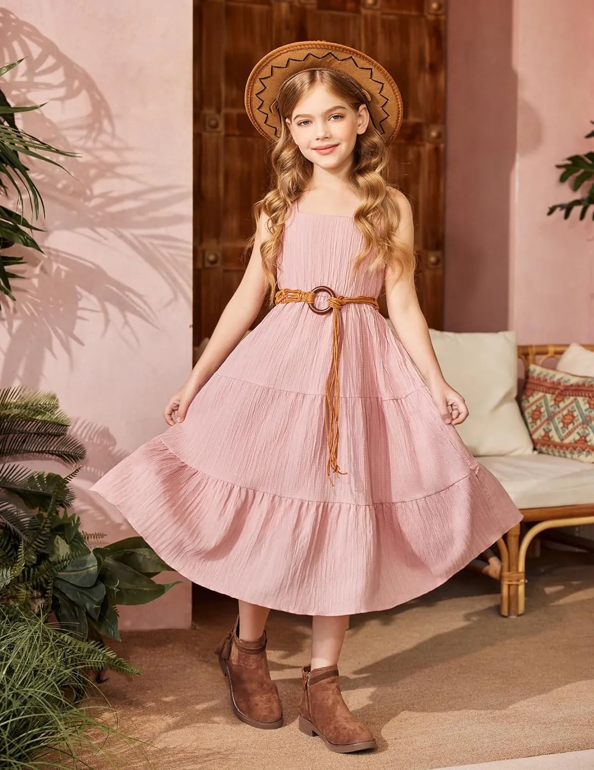 Arshiner Girl's Sundresses Boho Strap Tiered Cami Maxi Dresses