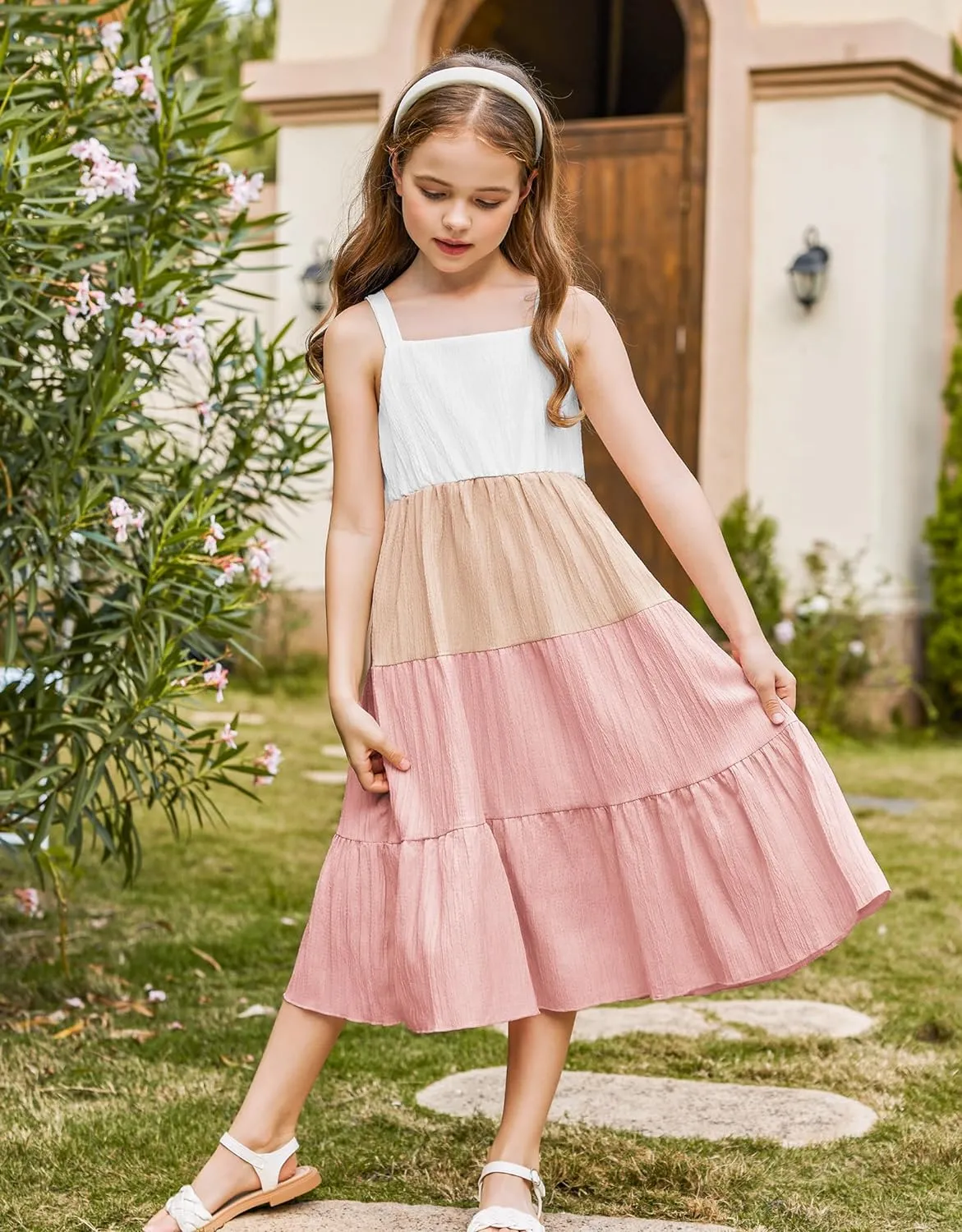 Arshiner Girl's Sundresses Boho Strap Tiered Cami Maxi Dresses