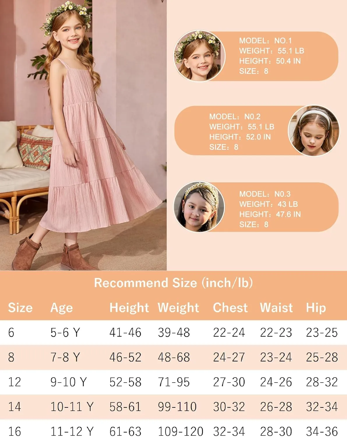 Arshiner Girl's Sundresses Boho Strap Tiered Cami Maxi Dresses
