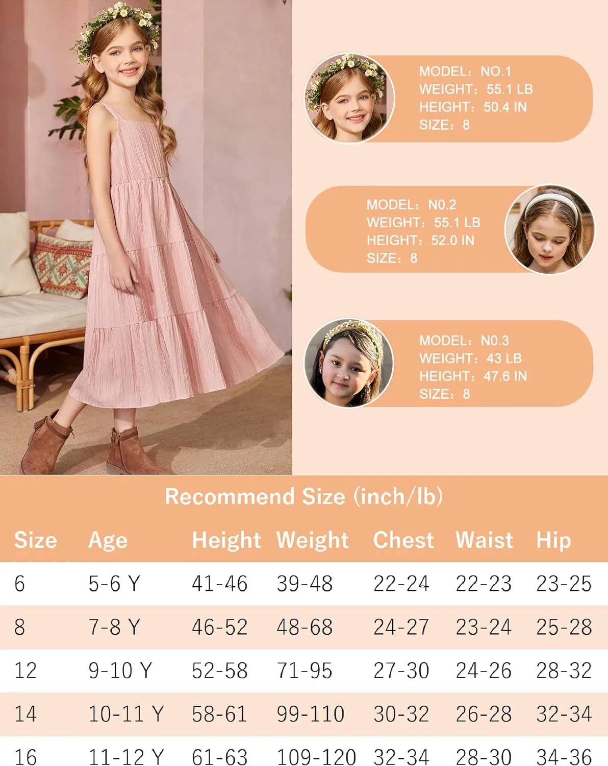 Arshiner Girl's Sundresses Boho Strap Tiered Cami Maxi Dresses