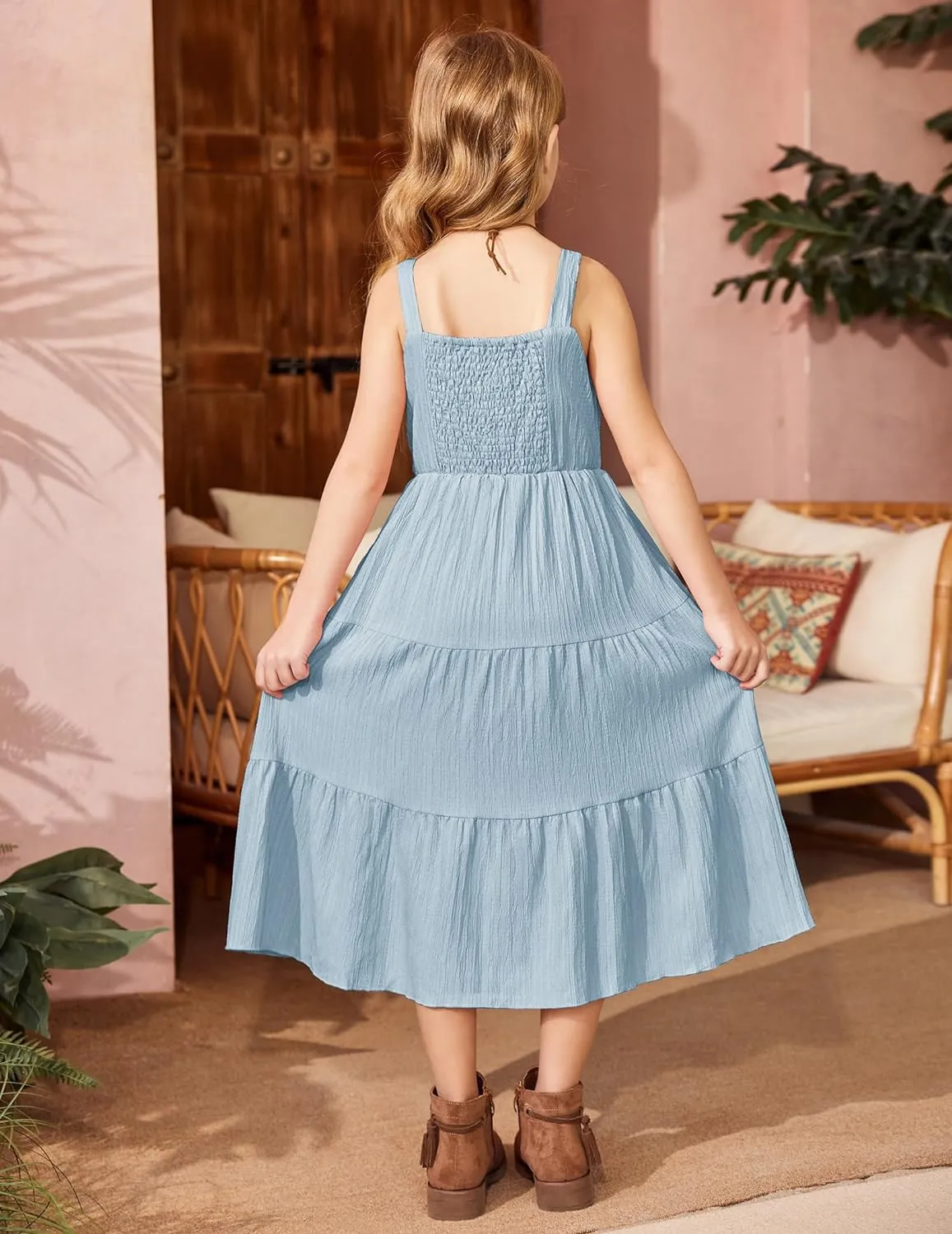 Arshiner Girl's Sundresses Boho Strap Tiered Cami Maxi Dresses