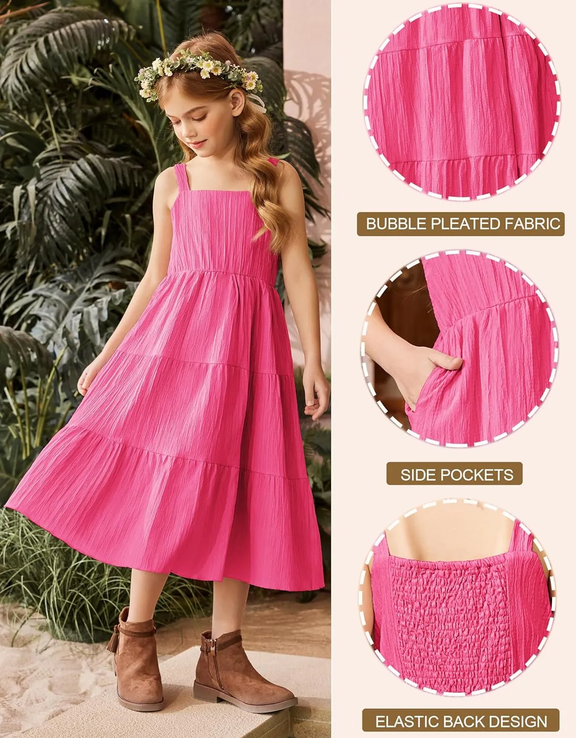 Arshiner Girl's Sundresses Boho Strap Tiered Cami Maxi Dresses