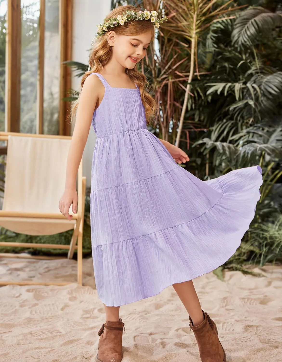 Arshiner Girl's Sundresses Boho Strap Tiered Cami Maxi Dresses