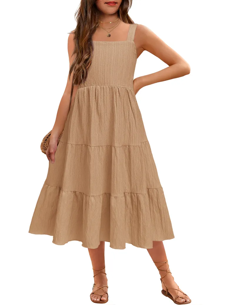 Arshiner Girl's Sundresses Boho Strap Tiered Cami Maxi Dresses