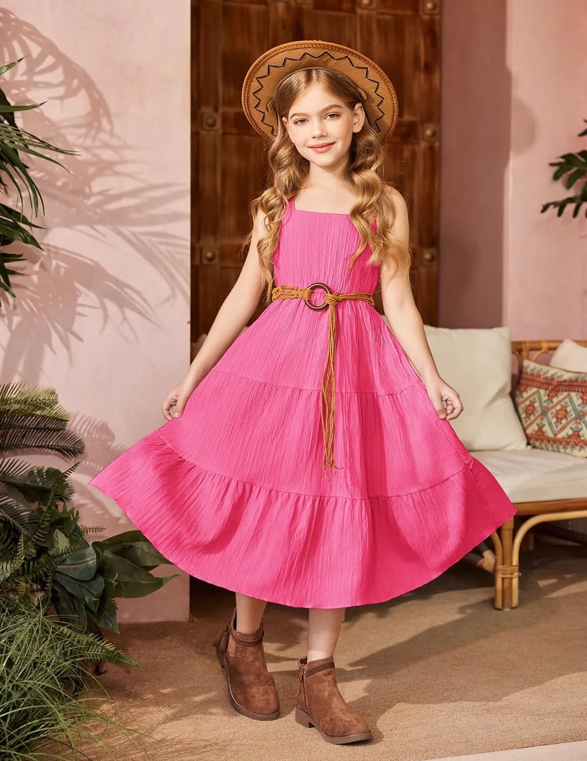 Arshiner Girl's Sundresses Boho Strap Tiered Cami Maxi Dresses