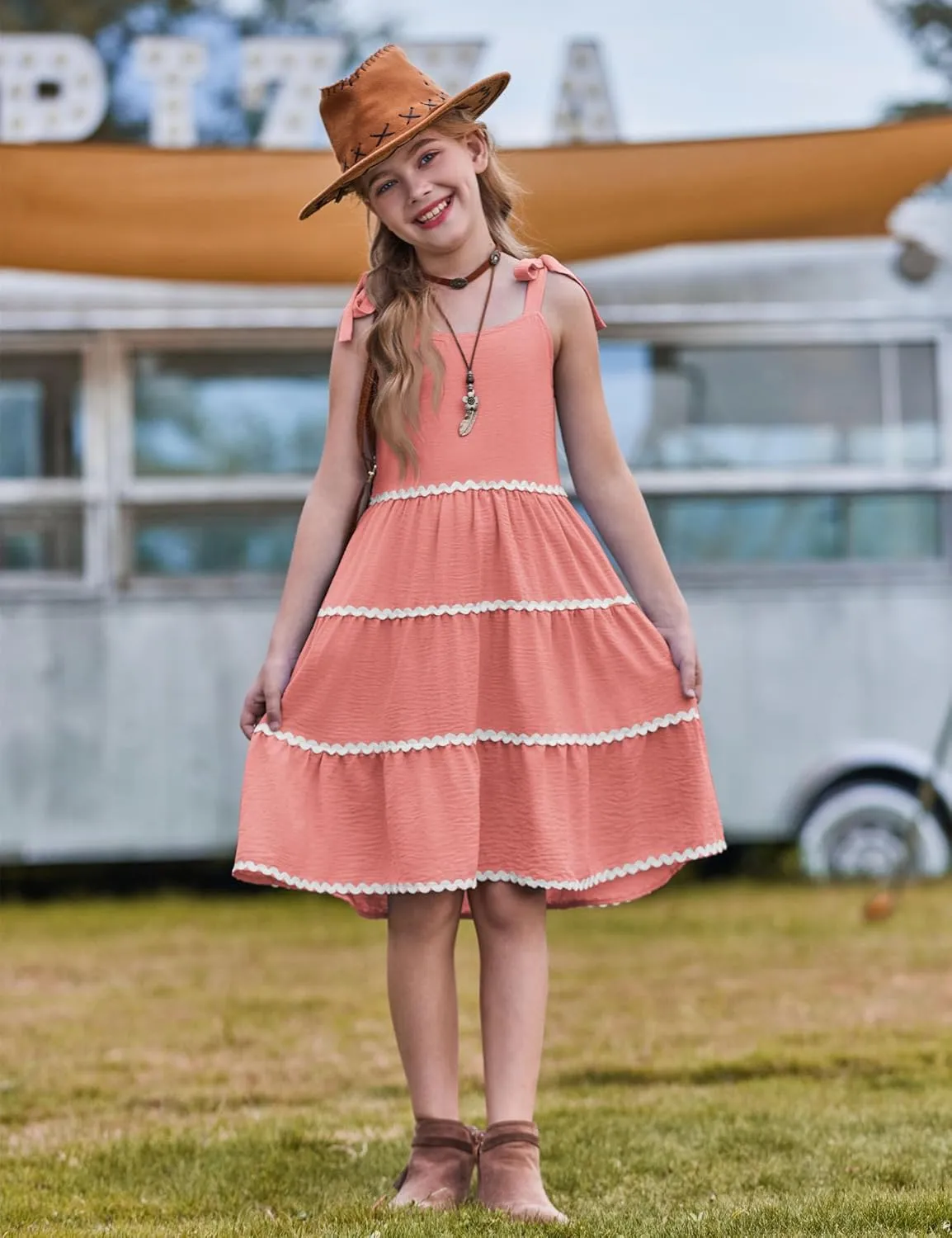 Arshiner Girl's Sundresses Boho Tie Shoulder Cami Midi Tiered Dresses