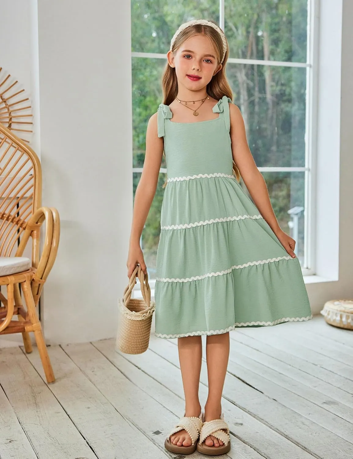 Arshiner Girl's Sundresses Boho Tie Shoulder Cami Midi Tiered Dresses