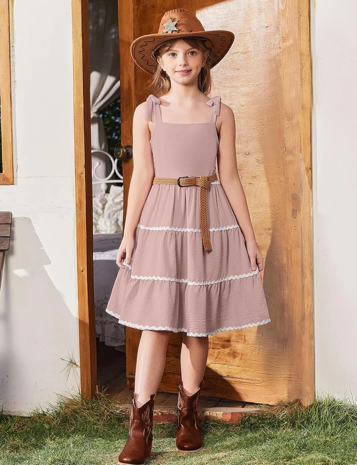 Arshiner Girl's Sundresses Boho Tie Shoulder Cami Midi Tiered Dresses