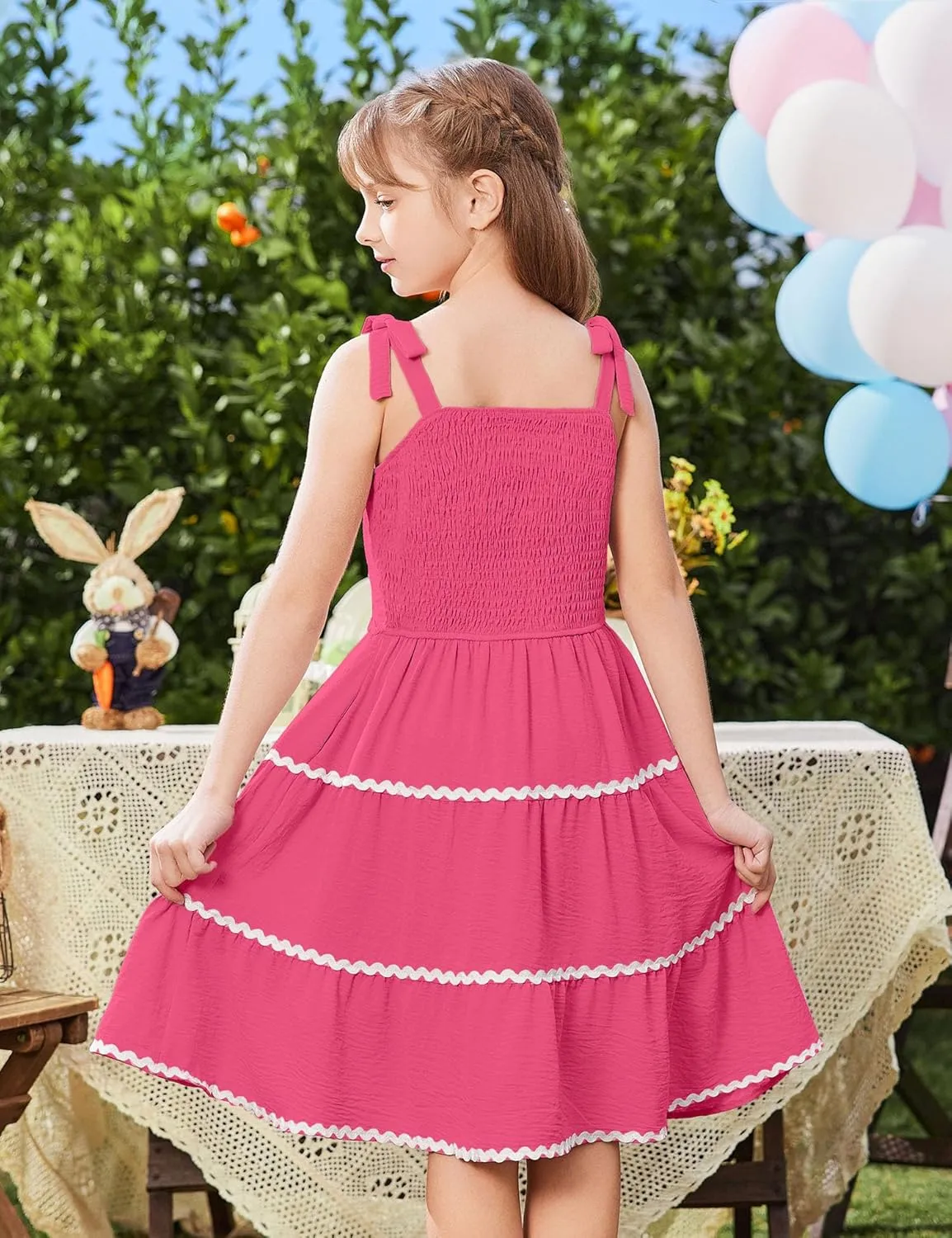 Arshiner Girl's Sundresses Boho Tie Shoulder Cami Midi Tiered Dresses