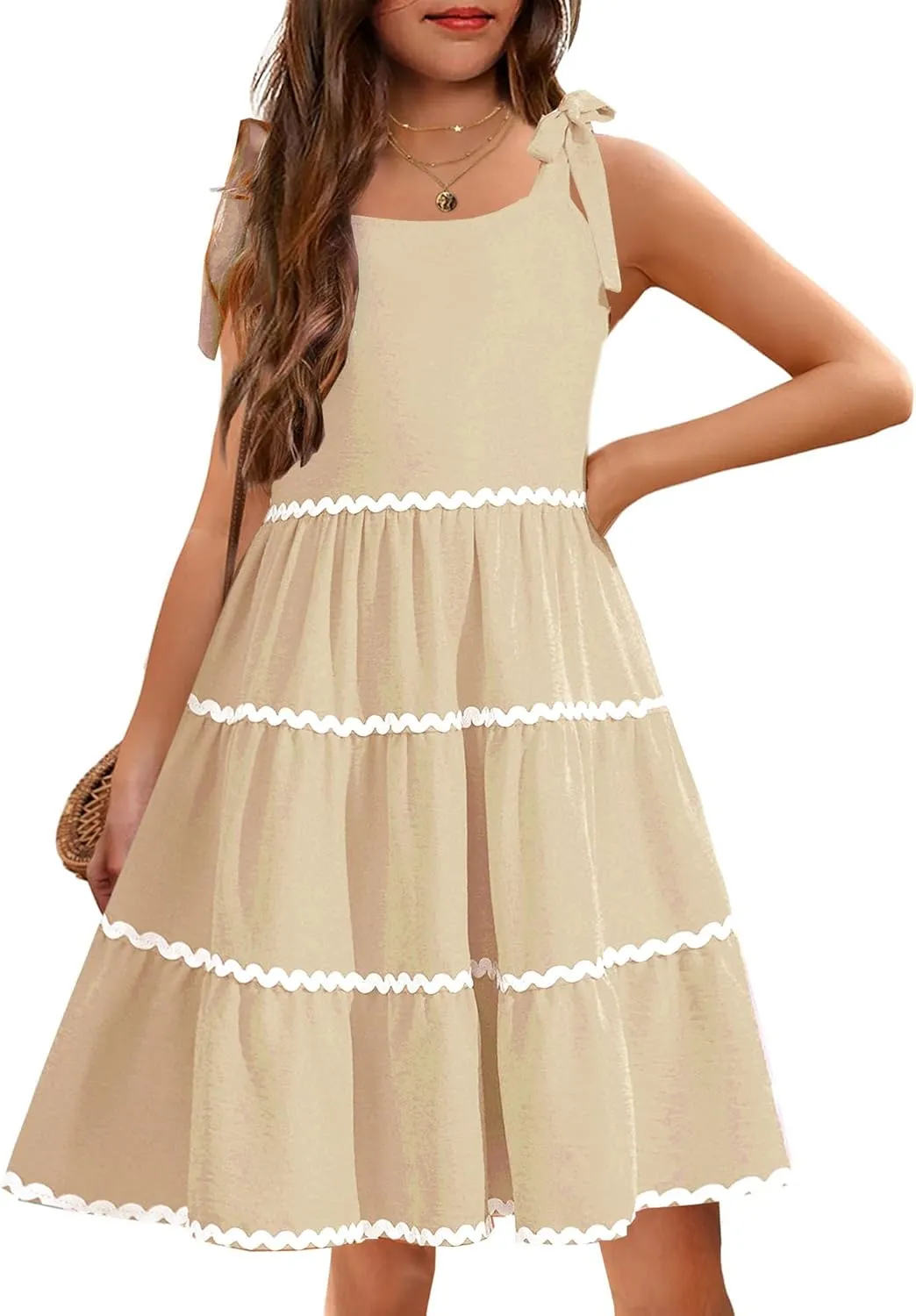 Arshiner Girl's Sundresses Boho Tie Shoulder Cami Midi Tiered Dresses